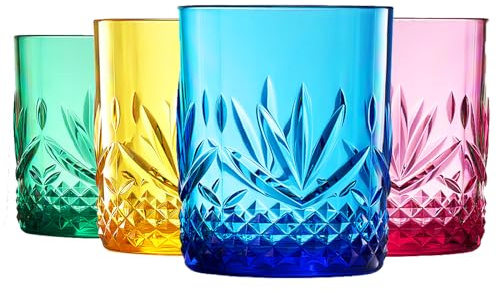 Shatterproof Tritan Stemmed Fancy Whiskey & Wine Tumbler Glasses Goblets, Resalable | 4 Set | Bright Colors Glass Lookalike, Crystal Color Acrylic Drinkware, Reusable Unbreakable BPA-free plastic 11oz