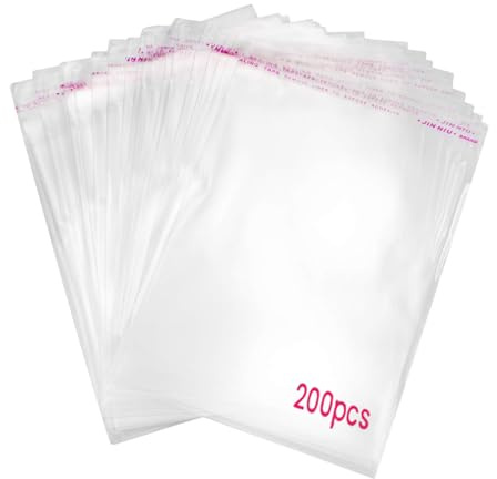 200 Bolsas de Celofán Transparente Autoadhesivas. Bolsas de Plástico OPP Grandes con Costura Sellada y Orificio de Ventilación para Chuches, Regalos, Joyas, Tarjetas, Dulces, Bombones, Fotos.