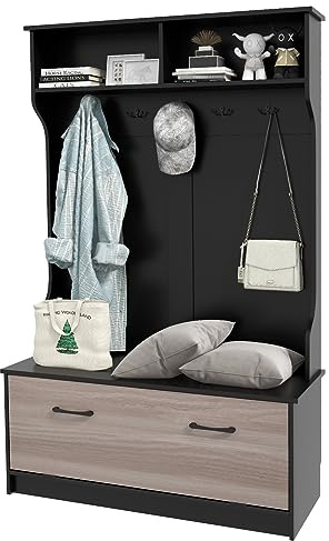 CASART Coat Stand with Shoe Storage, 100x40x160cm Wooden Clothes Rack with Shoe Bench, 2 Shelves & 5 Double Hooks, 3 in 1 Storage Shelf Freestanding Hall Tree for Hallway Entryway Living Room (Black)