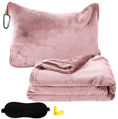 Reisedecke Flugzeug, Kissen Decke 2 in 1, Reisedecke Ultraleicht Warm, Reise Gadgets mit Schlafmaske und Ohrstöpsel, Tragbare Verwandlungskissen für Urlaub, Büro, Zuhause, Geschäftsreisen, Hell-Pink