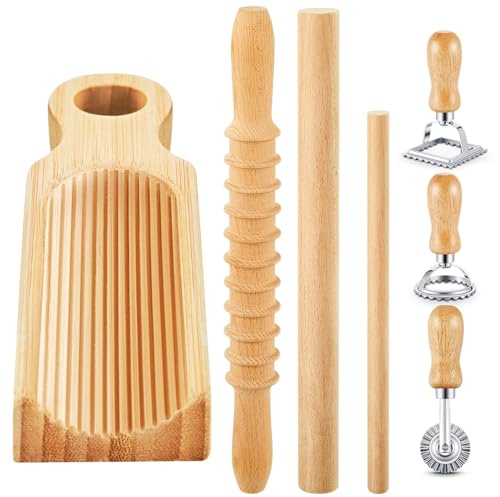 Tioncy 7 Pcs Pasta Making Tools Set Include 1 Gnocchi Board Wood 1 Wooden Cutter 1 Rolling Pin 1 Wood Roller 3 Ravioli Stamp Maker Cutter for Homemade Maker Kitchen Gift Idea(Stripe Style)