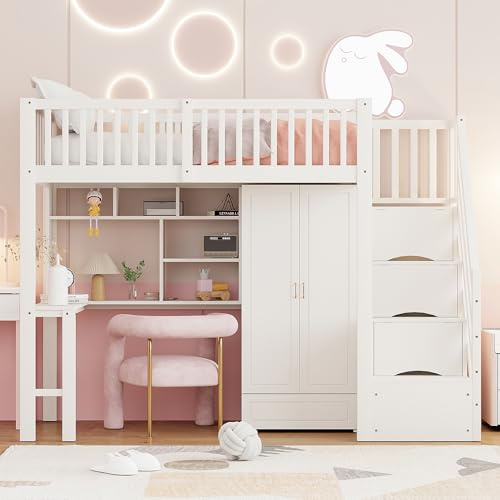 Idemon Hochbett 90×200 cm mit Kleiderschrank & Tisch (Holzgestell, Weiß)，Multifunktionsbett mit Stauraum-Treppe & Regal – Platzsparendes Design für Schlafzimmer & Kinderzimmer