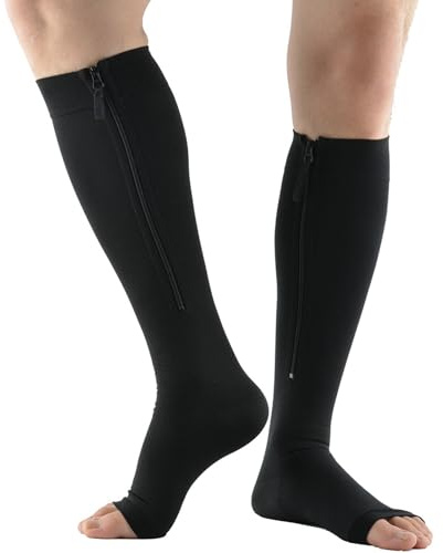 Mdrcg 15-20 mmHg Zipper Kompressionssocken Stützstrümpfe Mit Reißverschluss,Kompressionsstrümpfe Für Damen Herren,Open Toe Knee High Calf Compression Socks,Schwarz,M