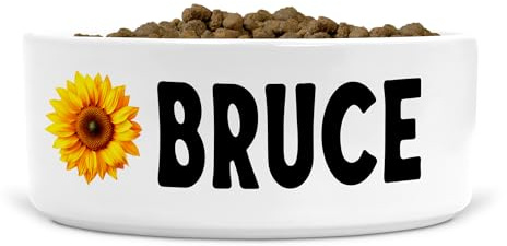 Personalised Ceramic Dog Bowl for Food/Water, Size Medium-Large Dogs (Sunflower (2), Text Style LV)