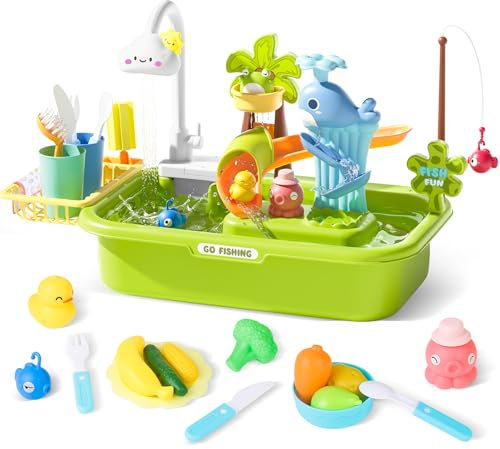 deAO Set de Juguete de Fregadero de Cocina, Fregadero de Juguete de Cocina, Simpático Fregadero de Juguete con Agua Corriente, Cortar Fruta, Juguete de Pesca Flotante para Juego de Agua de Niños,Verde