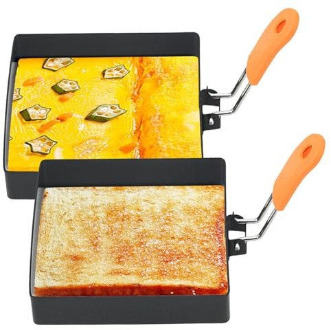 Egg Ring Egg Pan 2PCS Non-stick 4 Inch Square Egg Rings for Frying Eggs with Silicone Handle, Stainless Steel Square Egg Mold for Griddle Crumpet Style 1