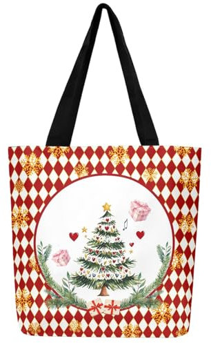 Loussiesd Weihnachten Handtasche135x200cm Weihnachtsbaum Stoffbeutel für Erwachsene Männer Frauen Weihnachten Schneeflocke Stoffbeutel Rot Plaid Weihnachts Geschenke Einkaufsbeutel