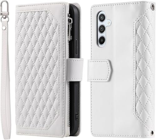 For Samsung Galaxy A36 5G Zipper Case for Women 7 Card Slots with Strap Shockproof Leather Flip Wallet Purse Handbag Zip Pocket Phone Cover Magnetic Stand Shell for Samsung Galaxy A36 5G White