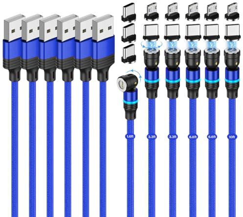 Magnetisches Ladekabel (6 Pack 0.5m+1m+1m+2m+2m+3m) 540° Drehung USB C kabel 3A Schnelles Aufladen Datensynchronisation 3 in 1 Ladekabel Magnetisch Kabel mit LED für Micro USB/Type C Smartphones Blau