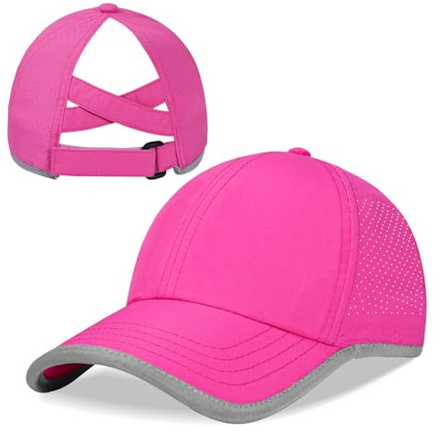 Girls Criss Cross Ponytail Baseball Cap Reflective Quick Dry Hat Kids Cooling Mesh Sports Hat High Messy Bun Ponycap for Age 3-12,Hot Pink