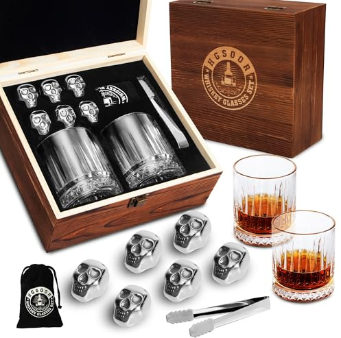 Hgsoor Whiskey Gift Set for Men– 2 Classic Bourbon Glasses with 6 Stainless Steel Skull Whiskey Stones, Cool Bourbon Scotch Set Gifts, Unique Home Bar Accessories