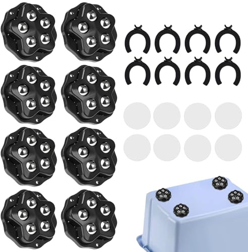 Klein Kugelrollen Schwerlast - 8 Stück Möbelrollen Flach Kugelrollen 360 Grad Drehbar Selbstklebendes 5 Stahlkugeln Rollenrad Schwarz mit Bremse und Klebefolie für Transport Kleine Möbel Küchengeräte