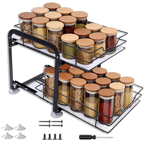 AmoreTempo Gewürzregal Ausziehbar 2 Etagen Metall Küchenschrank Organizer | Gewürz Organizer Höhenverstellbar,rutschfest mit PVC-Einlage,Saugnapf kein Bohren,2 ausziehbare Körbe,stehend–26,5x23x20cm