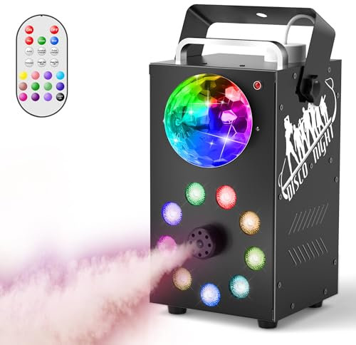 Macchina Del Fumo con Sfera da Discoteca,Macchina Del Fumo con Effetto Luce RGB a 9 LED,Mini Macchina del Fumo da 700W con Funzione Di Ciclo Automatico con Telecomando Wireless in Halloween e Natale