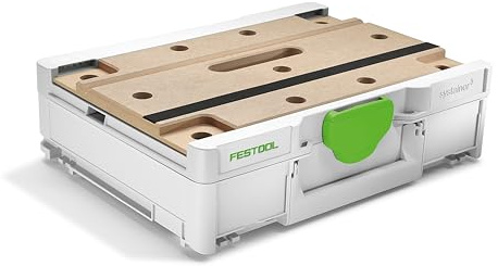 Festool Systainer³ SYS3-MFT M 112 Mobile Werkbank mit MDF-Lochplatte | Werkzeugkoffer mit Moosgummi-Haftunterlage und V-Nut für Rohre, koppelbar im System und passend für MFT Zwingen