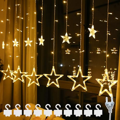 DAZZTIME Tenda Luci Stelle,Luci Stringa Stelle con 8 Modalità,Led Luci Illuminazione Decorativa,Luci Natalizie per Addobbi Finestra,Festa,Matrimonio Decorazioni,Camera di Letto,Interno ed Esterno