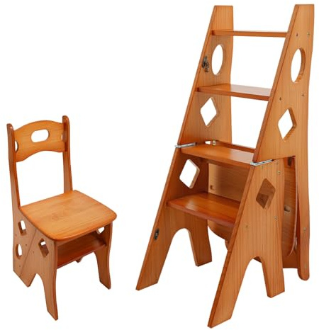 Chaise de bibliothèque pliante en bois de pin - 4 marches - Tabouret pliable 2 en 1 - Marchepied - Marchepied - Support d'exposition - Support de fleurs pour cuisine, bibliothèque, salon (caramel)