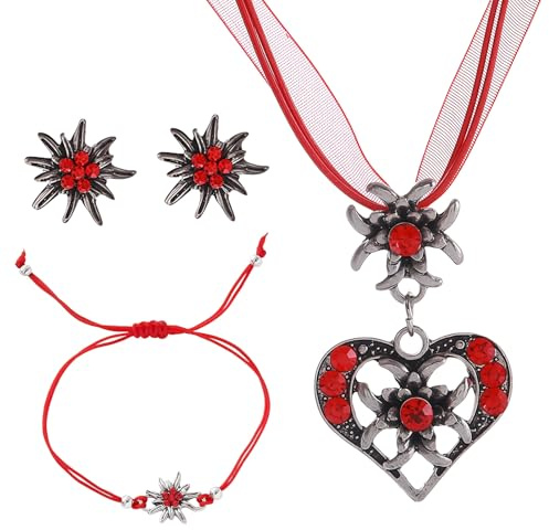 LUMOOM Trachtenschmuck Set Damen mit Edelweiß Halskette und Ohrstecker, Bayerische Trachtenkette ffür Damen Bierfest Trachten Dirndl Outfit (Rot)