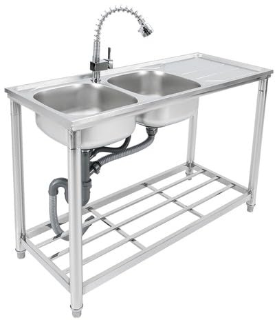 LKHDONG Évier de cuisine, autoportant, à double bac, en acier inoxydable 201, avec robinet, 120 x 50 x 80 cm, avec meuble inférieur, pour restaurant, cuisine extérieure, camping