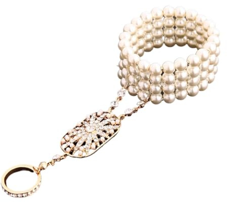 Elegant Faux Pearl Bracelet 1920s Gatsby Flapper Pearl Bracelet Finger Ring Rhinestone Geometric Galaxy Statement Link Chain Tassel Vintage Harness Chain Wedding Party Cocktail Jewelry Gift(Gold)
