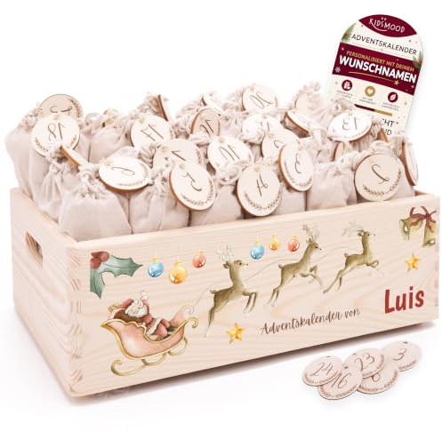 Personalisierter Adventskalender 2026 zum Befüllen mit Holzzahlen | Tolle Weihnachtsdeko aus Holz, Weihnachtskalender mit Tüten für Geschenke Mädchen & Jungen (40 x 30 x 14 cm)