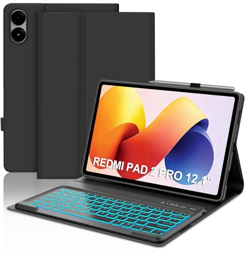 IVEOPPE Funda Teclado para XIAOMI Redmi Pad 2 Pro 2025/Redmi Pad Pro 2024 12.1, Capa Keyboard Español Ñ Retroiluminados Desmontable Bluetooth con Portalápices, Negro