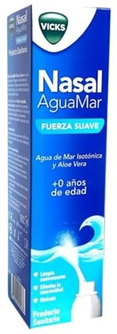 Vicks Spray Nasal AguaMar Fuerza Suave - Acción 3 en 1: Limpia, Elimina Mucosidad e Hidrata – Con Agua de Mar Isotónica y Aloe Vera– Apto a Partir de 0 Años – 120 ml