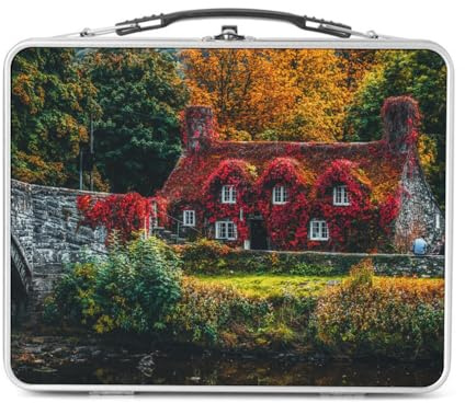 Fabulous Lunch Box in metallo argentato per sandwich e snack - Casa vintage coperta di edera rossa davanti al fiume - Scatola da gustare in alluminio ciotola rigida stile retrò stampata in Francia