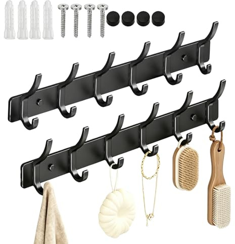 Coat Hooks Wall Mounted, Heavy-Duty Coat Racks, 2 Pack Rust-Proof Coat Hanger 12 Hooks for Jackets, Bags, Hats and Scarves, Wall Hanger for Entryway, Bedroom, Bathroom, Kitchen (Matte Black)