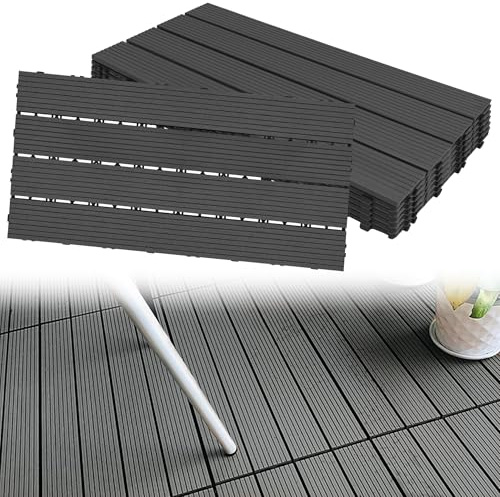 Suusolny 12er Set WPC Terrassendielen 30x60 cm, Klick Dielen mit Holzoptik & Drainage, Wetterfeste Plastik Bodenplatten für Balkon Terrasse, Anthrazit
