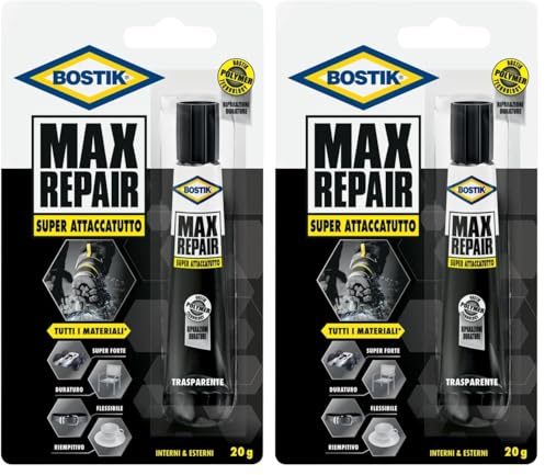 Bostik MAX REPAIR adesivo di riparazione super forte, flessibile, per incollaggi estremi g 20, Trasparente (Confezione da 2)