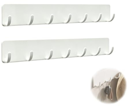 Schlüsselbrett ohne Bohren, 2er Set Schlüsselhaken mit 7 Haken pro Stück, Schlüsselhalter mit starkem klebrigem Kleber ohne Rückstände, Modernes Schlüsselleisten-Set für Wohnzimmer, Küche, Home, Weiß