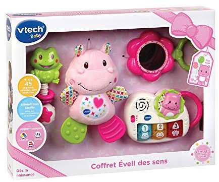 VTech - Coffret Naissance Éveil des Sens Rose, Premiers Jouets Bébé, Doudou Hippo en Peluche, Piano Lumineux et Interactif, Hochets Grenouille et Miroir, Cadeau Nouveau-Né - Contenu en Français
