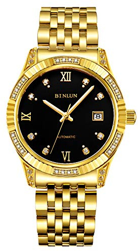BINLUN Herren Gold Uhren Automatik Armbanduhr leicht lesbares Zifferblatt einfache Uhr Diamant Gold plattiert mechanische Armbanduhr für Männer Leuchtzeiger Armbanduhren DREI farbige Zifferblätter