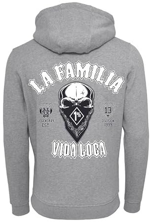 Mi Barrio La Familia Vida Loca,Männer und Herren Zipper Jacke,La Familia Design Bandana 1% Zip Hooded in der Farbe Grau, Schwarz Größe S-5XL (DE/NL/SE/PL, Alphanumerisch, L, Regular, Regular, Grau)