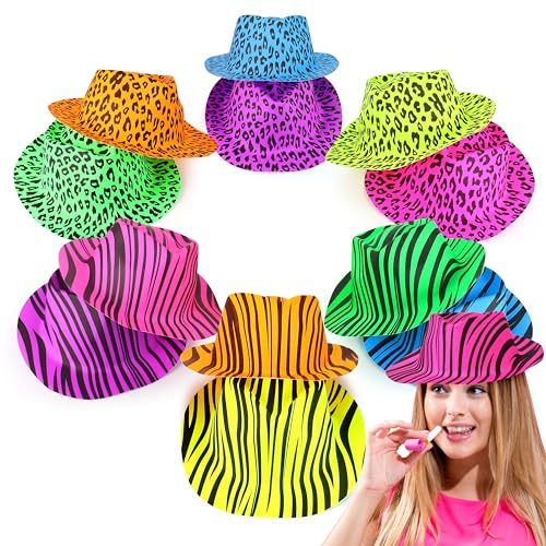 The Glowhouse Premium Neon Gangster Hats Plastic Fun Party Fedora UV Blacklight Glow Pack of 12 (Animal Print)