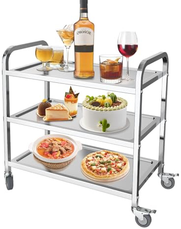 MOOTACO Servierwagen Küchenwagen Edelstahl 95x50x95cm Rollwagen 3 Böden Gastro Teewagen Transportabräumwagen mit Rollen