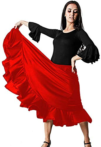 Gojoy shop- Traje Profesional de Baile Danza Flamenco o Sevillanas para Mujer de 2 Piezas (Contiene Body con Doble Volantes en Manga y Falda con Un Volante Liso (5-6 años, Rojo)