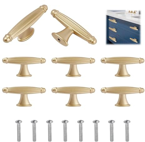 heedpeiur 8 Stück Schrankknöpfe Goldene Schubladenknöpfe T-förmiger Möbelgriff Aluminiumlegierung Tür Küchenbeschläge Einlochgriff mit Schrauben für Türen Badezimmer Küchenschrank Kommode Möbel