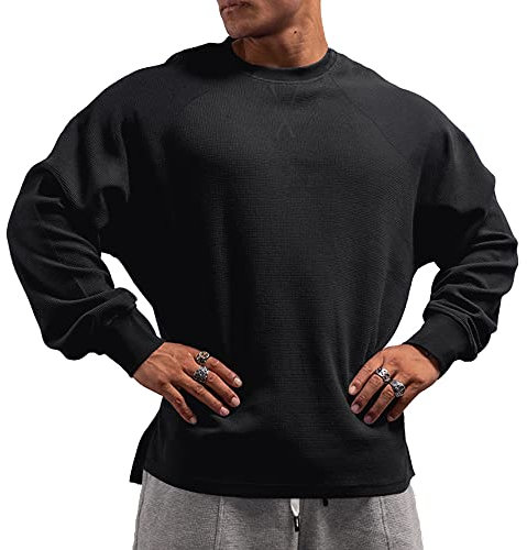 Men's Basic Long Sleeve Waffle Sweatshirt Loose Fit Workout Pullover Crewneck Shirt Black M