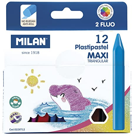 Milan 022XT12 låda med 12 triangulära maxipastellfärger, med 2 fluorescerande färger