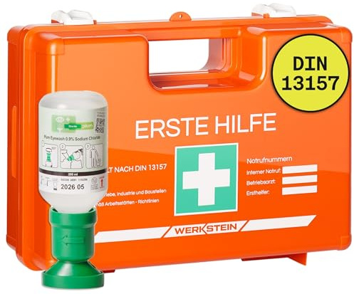 Erste Hilfe Kasten DIN 13157:2021 | Inkl. Augenspülflasche 200ml, praktischer Wandhalterung, 5x Aufkleber & Plombe