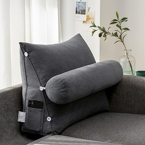 LTSRLL Grand oreiller de tête de lit 60x50x20cm Dossier lecture TV avec rouleau de nuque détachable - Coussin de soutien tête/lombaire/dos avec housse amovible pour adulte enfant grossesse