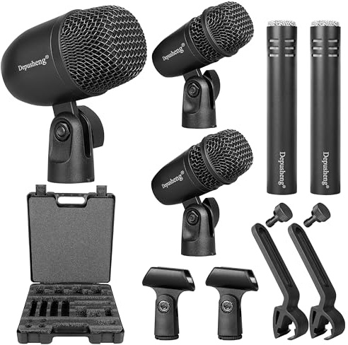 Depusheng 5-Piece Drum Microphone Set with 3 Dynamic Percussion Microphones and 2 Condenser Percussion Microphones, Ideal for Instrument Recording and Music Production