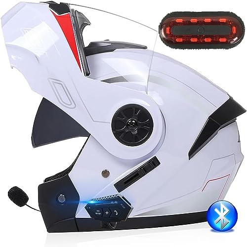 Motorradhelm mit Gegensprechanlage Bluetooth, ECE Geprüfte Klapphelme Zwei Visieren Integrierter Vollvisierhelm Mikrofon Zwei Lautsprechern für Erwachsene Männer Frauen, Rücklicht