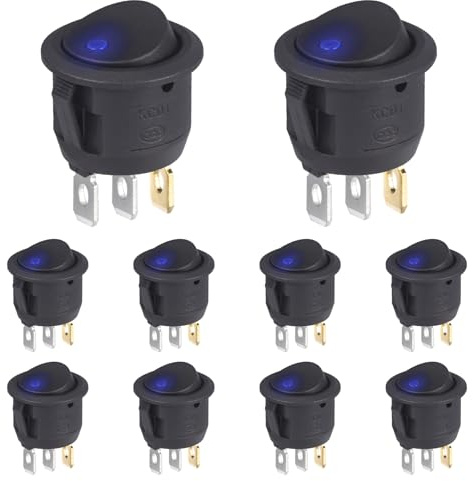 VEXUNGA Rund Kippschalter 3 Polig Wippschalter Schalter Beleuchtet 6A 250V AC 10A 125V mit LED Blau 2 Position Ein/Aus Schwarz Einbauschalter Selbsthemmung Runde (10 Stück)