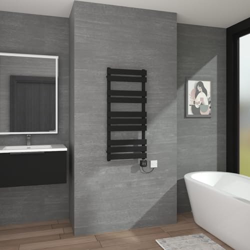 Warmehaus WiFi Smart Electric Towel Radiator Black Flat Panel 1000x450mm | Touch Screen, Thermostatic, Weekly Timer, Child Lock, Mild Steel, Bathroom Ladder Radiator