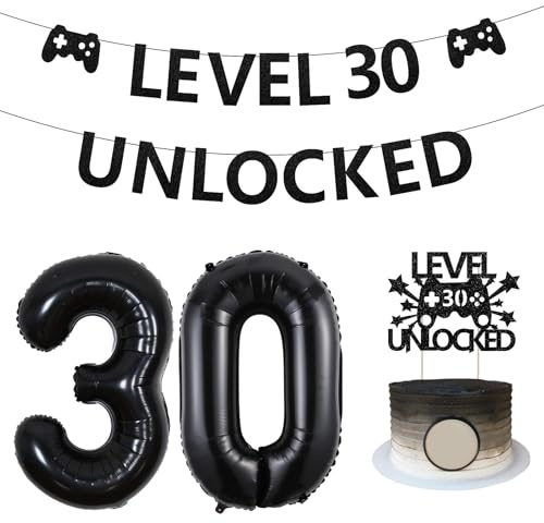 Sursurprise Level 30 Unlocked Birthday Decorations, 30th Birthday (Gamer) Party Pack with Cake Topper, Banner, Balloons, Ribbons in Black