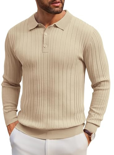 COOFANDY Men's Jumper Long Sleeve Poloshirt Knitted Poloshirts Basic Golf Polo T-Shirts Regular Fit Light Khaki XL