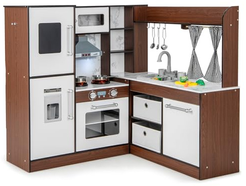 COSTWAY Cocina de Juguete de Esquina, Cocinita de Madera Infantil con Luces y Sonidos, Sistema de Circulación de Agua, Cortinas Enrollables y Contenedores de Tela Plegables y Accesorios